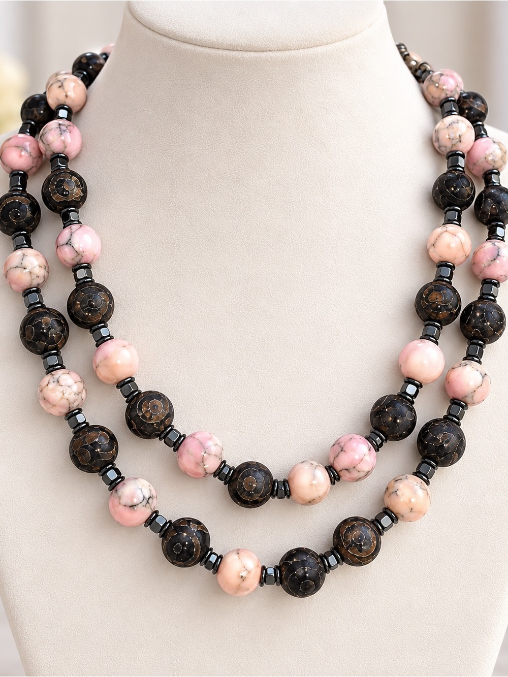 PINK NOIR | Rhodonite & Dyed Agate Double-Strand Statement Necklace